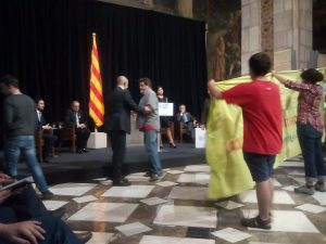 Acció reivindicativa de la Federació d’Ecologistes de Catalunya (EdC), durant l’acte d’entrega dels premis Medi Ambient 2018 que atorga la Generalitat, presidit pel President de la Generalitat, Quim Torra